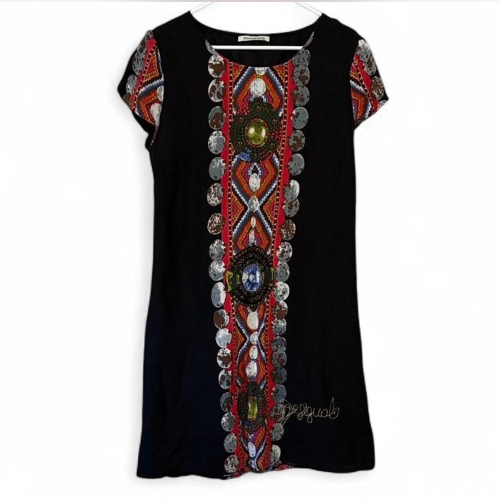 Desigual Faux Beadwork Boho Chic Cap Sleeve Dress